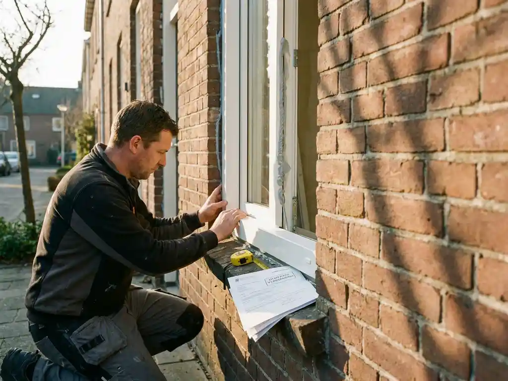 Installateur plaatst wit PVC-kozijn in bakstenen gevel van Nederlandse woning, met kit, meetlint en vergunningsdocument op de vensterbank.