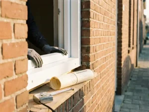 Wit PVC-kozijn geplaatst in bakstenen gevel met bouwvergunning en meetlint op de vensterbank.