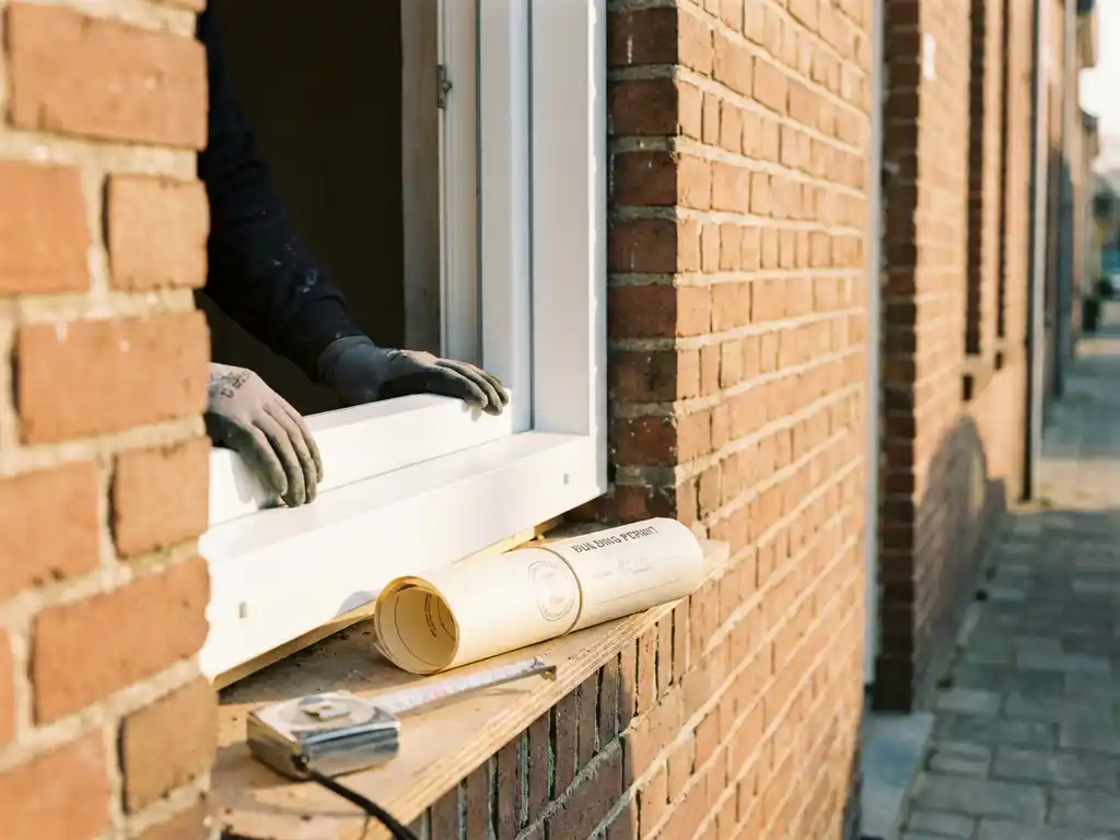 Wit PVC-kozijn geplaatst in bakstenen gevel met bouwvergunning en meetlint op de vensterbank.