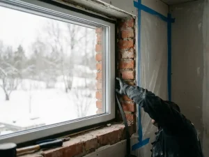 Arbeider die tochtband aanbrengt op wit PVC-raamkozijn in bakstenen muur, sneeuw zichtbaar door het glas buiten.