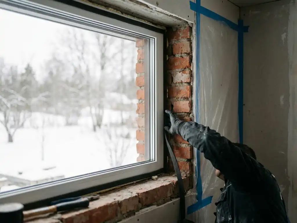 Arbeider die tochtband aanbrengt op wit PVC-raamkozijn in bakstenen muur, sneeuw zichtbaar door het glas buiten.