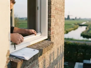 Vakman meet wit PVC-kozijn in bakstenen gevel van Nederlandse woning, met vergunningsdocument op de vensterbank.