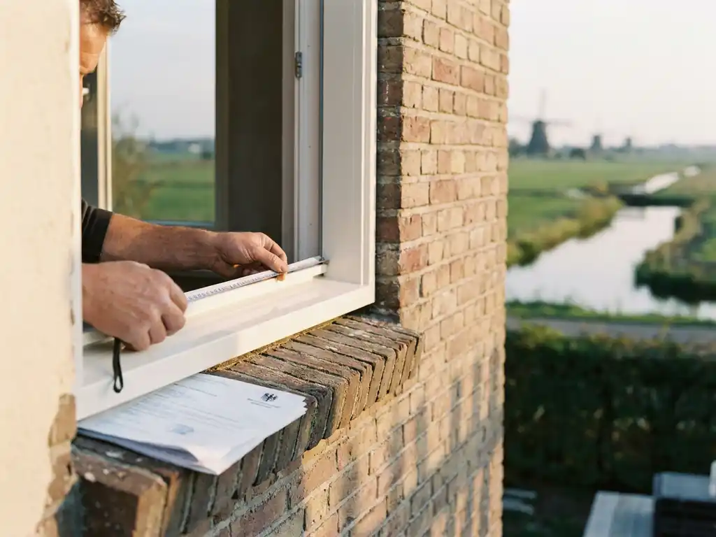 Vakman meet wit PVC-kozijn in bakstenen gevel van Nederlandse woning, met vergunningsdocument op de vensterbank.