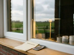 Nieuw wit PVC-kozijn in Dronten met subsidiedocument en rekenmachine op de vensterbank, groen polderlandschap zichtbaar door het dubbele glas.