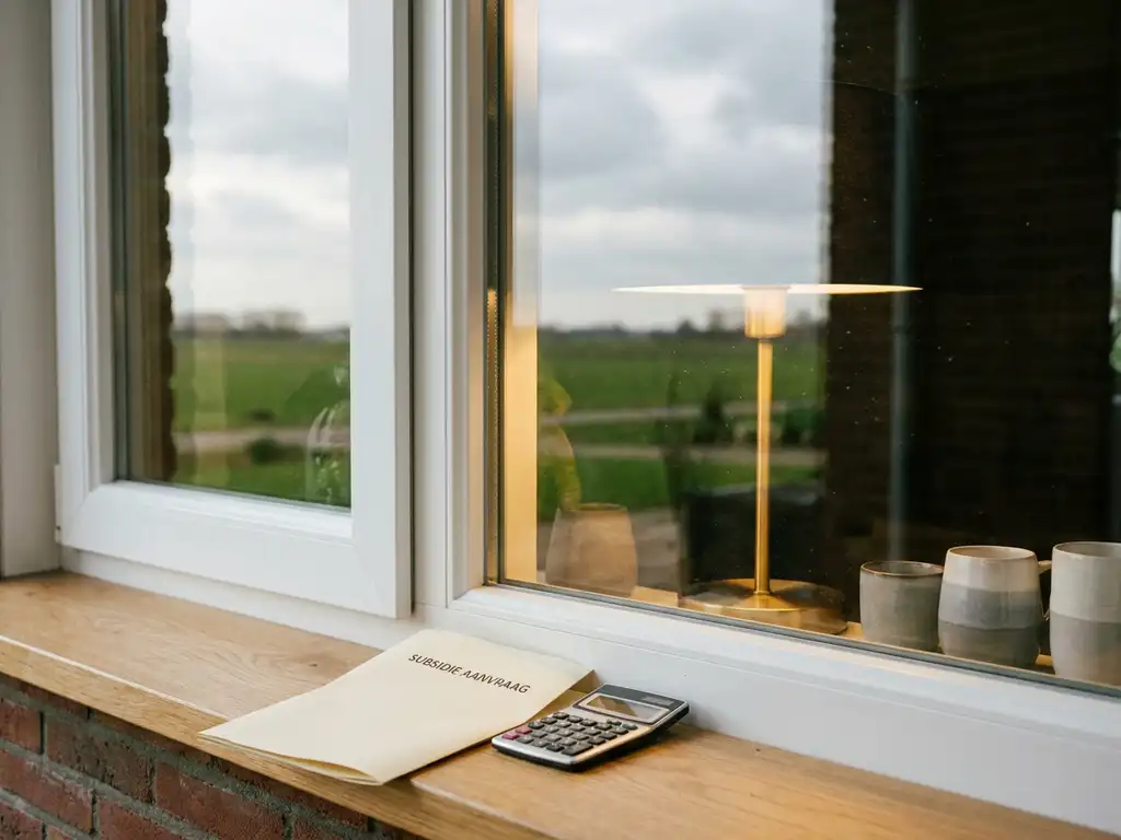 Nieuw wit PVC-kozijn in Dronten met subsidiedocument en rekenmachine op de vensterbank, groen polderlandschap zichtbaar door het dubbele glas.