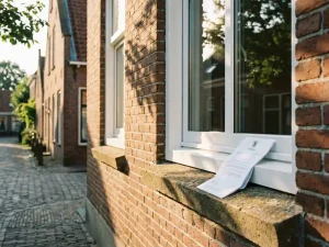 Nieuw wit PVC-kozijn in een Friese bakstenen gevel met gemeentelijk subsidiedocument op de vensterbank in middagzon.