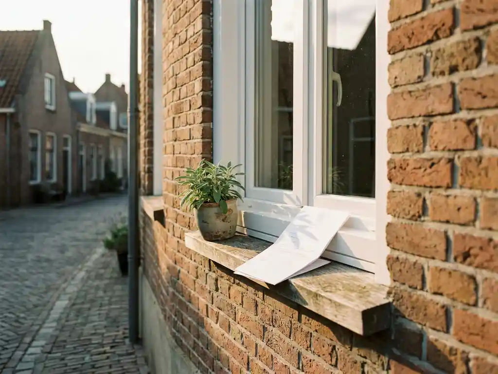 Wit PVC-raamkozijn in Friese bakstenen gevel met subsidiedocument en potplant op de vensterbank in middagzon.