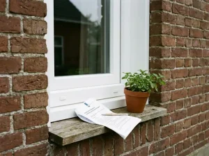 Nieuw wit PVC-kozijn in traditionele Friese bakstenen gevel met subsidiedocument en pen op de vensterbank.