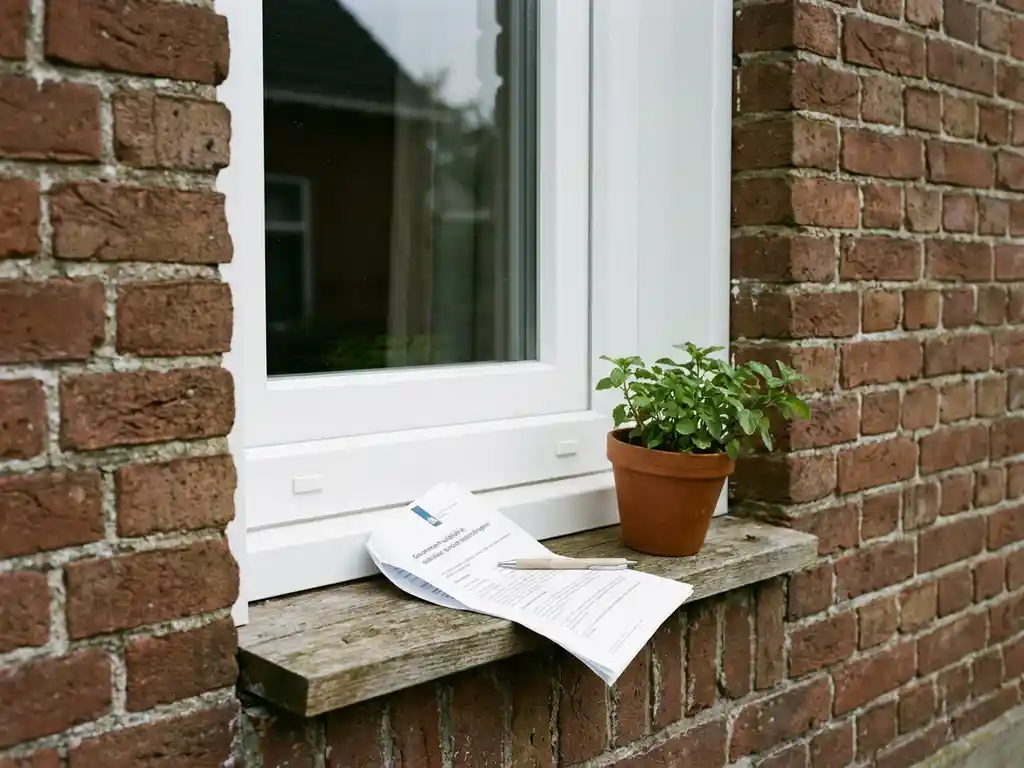 Nieuw wit PVC-kozijn in traditionele Friese bakstenen gevel met subsidiedocument en pen op de vensterbank.