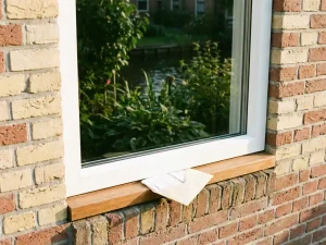 Nieuw wit PVC-raamkozijn in traditionele Sneeker bakstenen gevel met subsidiedocument op de vensterbank en groene grachttuin op de achtergrond.