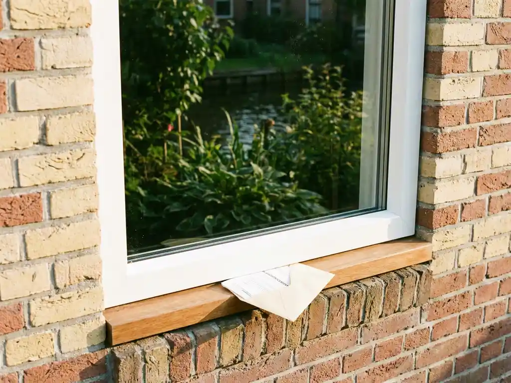 Nieuw wit PVC-raamkozijn in traditionele Sneeker bakstenen gevel met subsidiedocument op de vensterbank en groene grachttuin op de achtergrond.