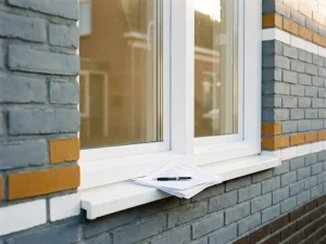 Wit PVC-raamkozijn in Nederlandse bakstenen gevel in Urk, met subsidiedocumenten en pen op de vensterbank.