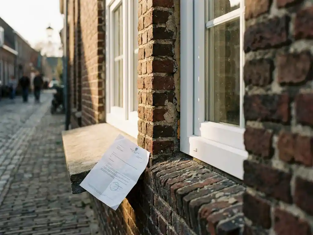 Nieuw wit PVC-kozijn in Friese bakstenen gevel met vergunningsdocument op de vensterbank in middagzon.