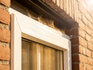 Wit PVC-kozijn in fel middagzonlicht met warme bakstenen gevel op de achtergrond.