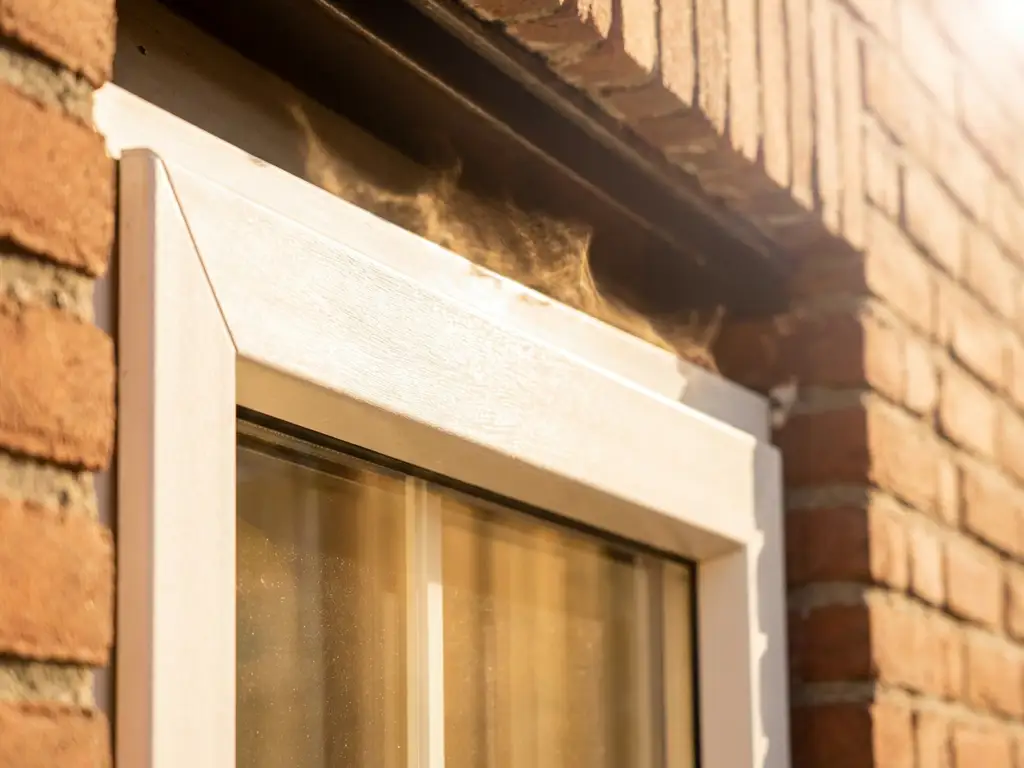 Wit PVC-kozijn in fel middagzonlicht met warme bakstenen gevel op de achtergrond.