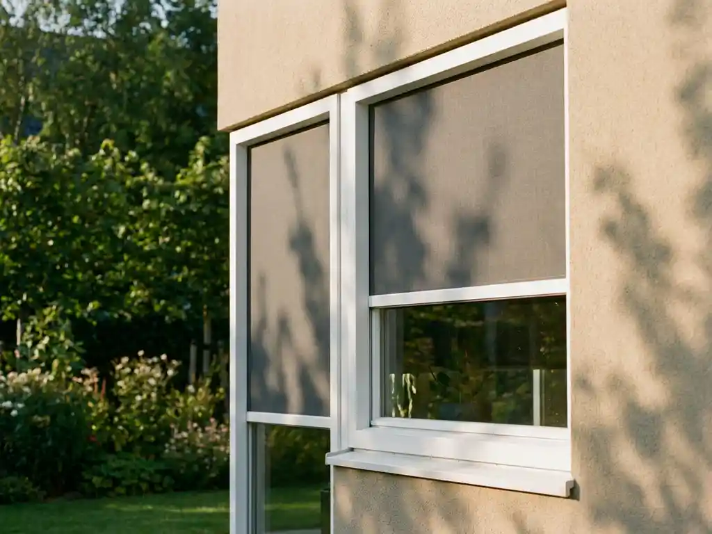 Moderne witte PVC raamkozijn met uitgeschoven stoffen zonwering op gevel van Nederlandse woning, groene tuin op achtergrond.