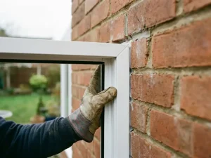 Installateur met werkhandschoen controleert stabiliteit van wit PVC-kozijn in bakstenen gevel op hoekverbinding.