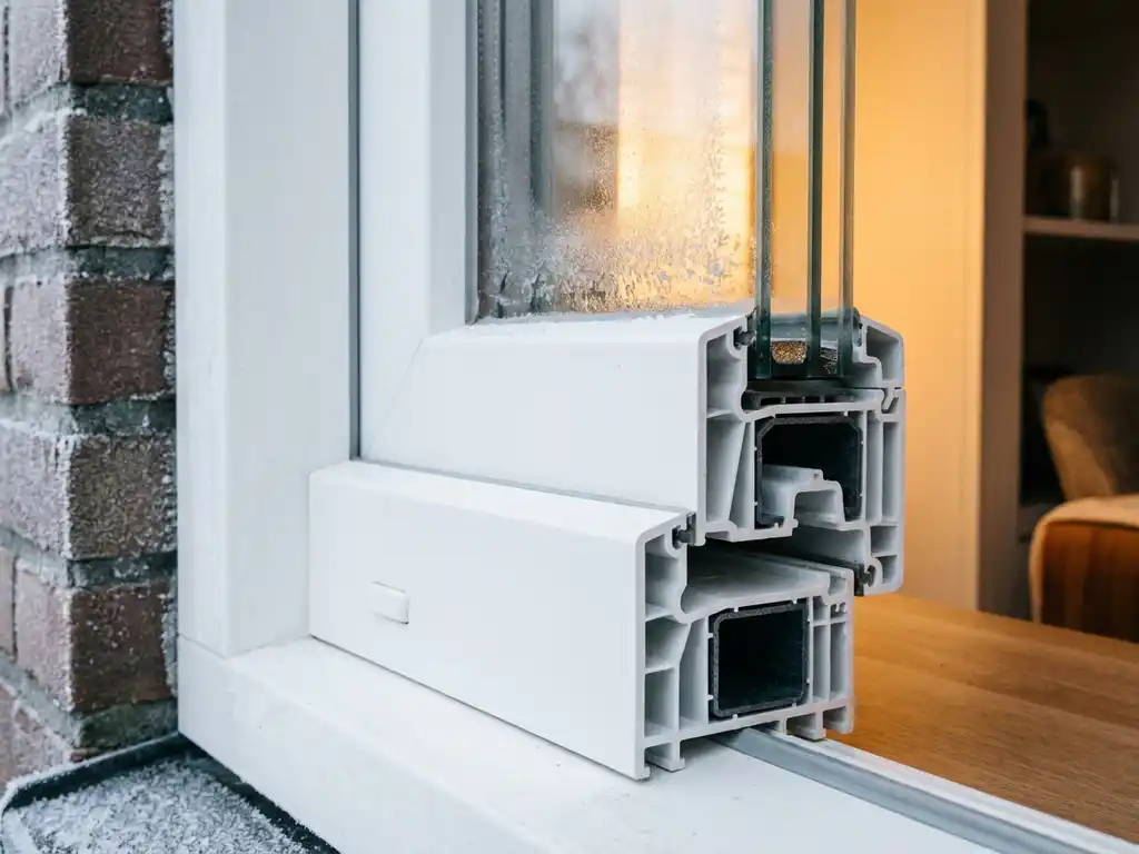 Doorsnede van wit PVC kozijn met meerkamerprofiel en thermische onderbreking, rijp aan buitenzijde, warm licht door dubbel glas.
