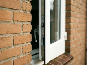 Wit PVC raamkozijn met meerpuntssluiting in Nederlandse bakstenen gevel, close-up van robuust veiligheidsslot en stevig kozijnprofiel.