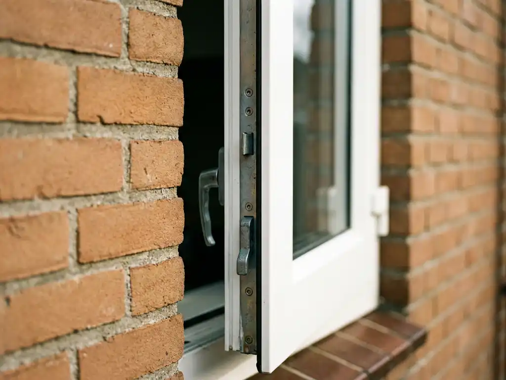 Wit PVC raamkozijn met meerpuntssluiting in Nederlandse bakstenen gevel, close-up van robuust veiligheidsslot en stevig kozijnprofiel.