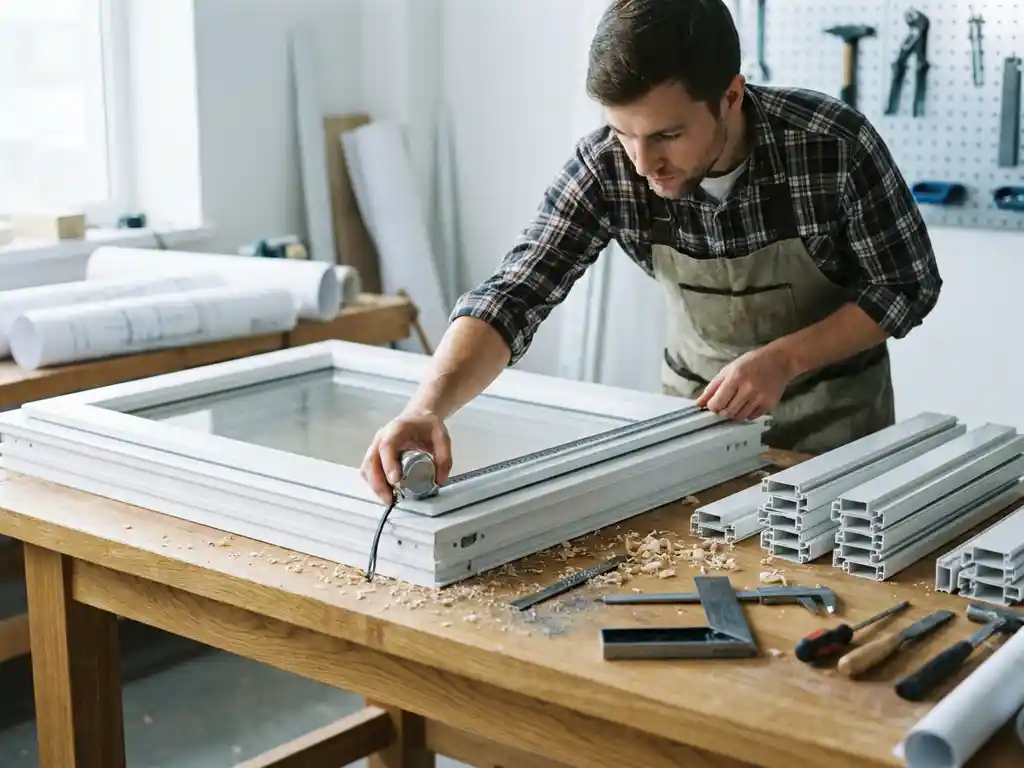 Vakman die een wit PVC-kozijn opmeet met een stalen rolmaat op een werkbank, technische tekeningen op de achtergrond.