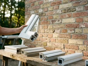 Hand houdt wit PVC raamprofielmonster voor traditionele Nederlandse bakstenen gevel, met profieldoorsneden op verweerd hout.
