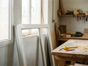 Wit PVC raamkozijn in een werkplaats, met meetlint en potlood op een houten werkbank bezaaid met zaagsel.