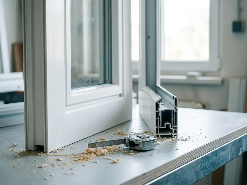 Twee witte PVC raamprofielen naast elkaar op werktafel, één breder profiel, met krullen houtspaan en stalen meetlint erbij.