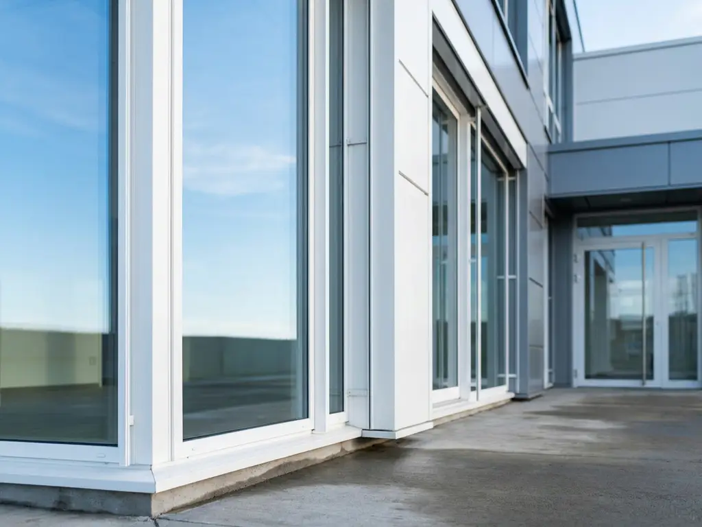 Moderne commerciële gevel met grote witte PVC-raamkozijnen en vloer-tot-plafond beglazing die een blauwe lucht weerspiegelt.
