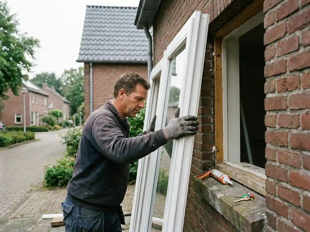 Vakman plaatst groot wit PVC-raamkozijn in bakstenen gevel, reservesleutel zichtbaar op de vensterbank.