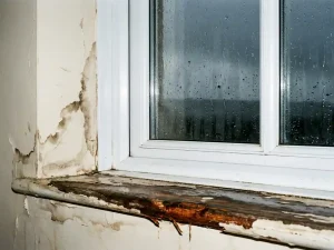 Lekkend PVC-raam met waterstrepen op het glas, afbladderende verf en opgezwollen hout op de vensterbank door vochtschade.