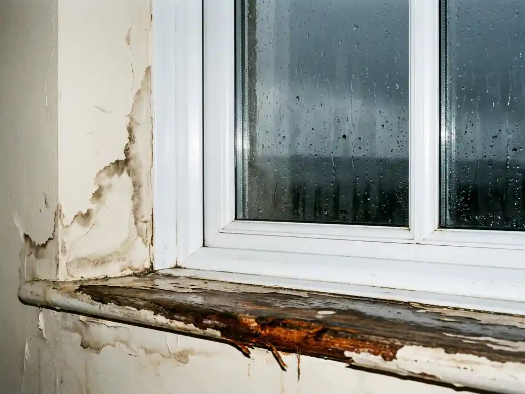 Lekkend PVC-raam met waterstrepen op het glas, afbladderende verf en opgezwollen hout op de vensterbank door vochtschade.