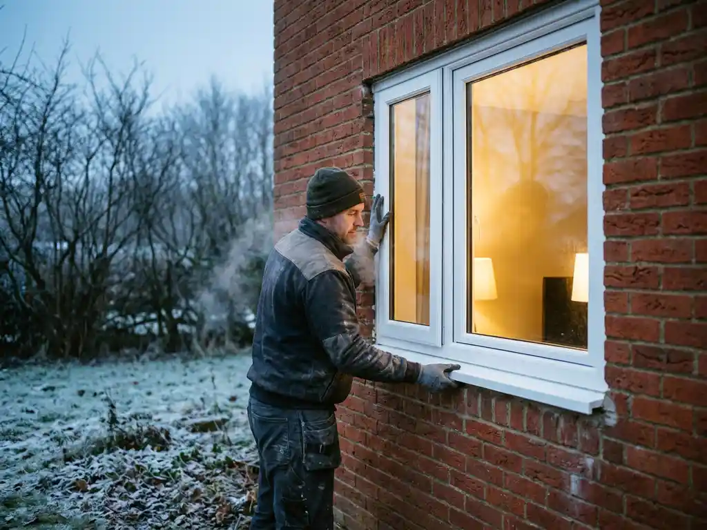 Installateur plaatst wit PVC-raamkozijn in bakstenen gevel tijdens winterdag, warme binnenverlichting zichtbaar door het frame.