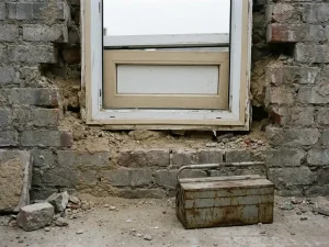 Scheef geplaatst plastic kozijn in ruwe bakstenen muur met zichtbare kieren en brokkelig voegwerk, verlaten gereedschapskist op betonvloer.