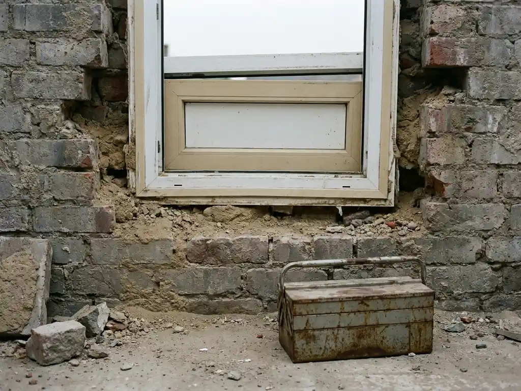 Scheef geplaatst plastic kozijn in ruwe bakstenen muur met zichtbare kieren en brokkelig voegwerk, verlaten gereedschapskist op betonvloer.