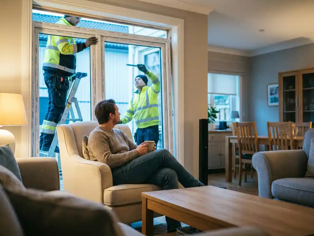 Huiseigenaar drinkt koffie in fauteuil terwijl twee installateurs buiten een wit PVC-raamkozijn plaatsen.