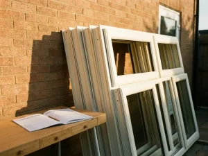 Nieuwe witte PVC kozijnen tegen bakstenen gevel, met open papieren kalender en potlood op houten werkbank in middagzon.
