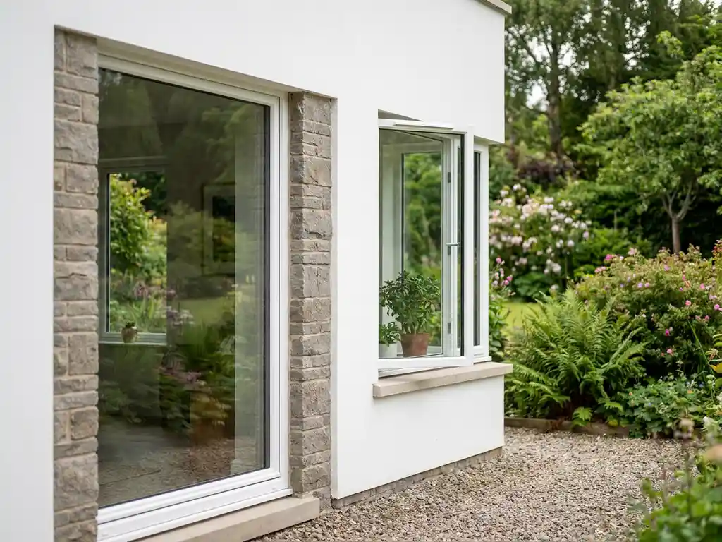 Moderne woning met wit PVC kiepraam en vast picture window, weelderige groene tuin zichtbaar door het glas.