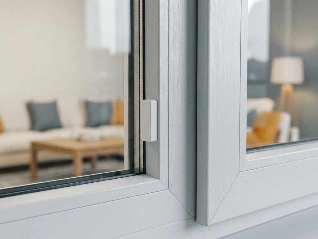 Magnetische contactsensor op wit PVC raamkozijn met zicht op een gezellige Nederlandse woonkamer op de achtergrond.