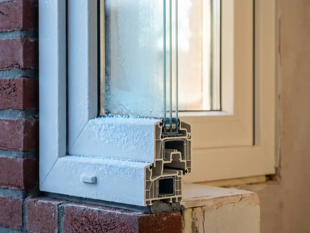 Doorsnede van wit uPVC-kozijn met ijskristallen aan de buitenzijde en condensatievrije binnenkant, driedubbel glas, natuurlijk winterlicht.
