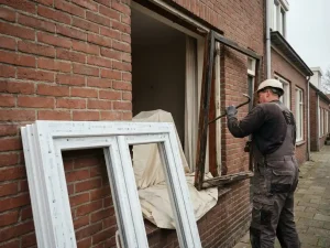 Installateur verwijdert oud kozijn uit bakstenen gevel, nieuw wit PVC-raamkozijn leunt klaar tegen de buitenmuur.
