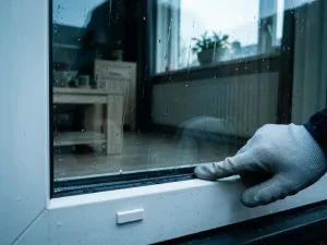Gehandschoende hand die rubberen afdichting van wit PVC-raamkozijn controleert op vochtlekkage, regendruppels op het glas.