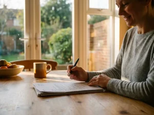 Huiseigenaar ondertekent financieringsdocument aan houten tafel met nieuwe witte PVC-raamkozijnen op de achtergrond.