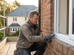 Vakman controleert afdichting van wit PVC raamkozijn op Nederlandse bakstenen gevel in middaglicht.