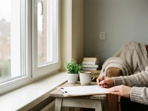 Huiseigenaar ondertekent betalingsregeling op klembord naast nieuw geïnstalleerd wit PVC-raamkozijn in warm Nederlands interieur.