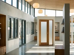 Showroom met rij raamkozijnen en schuifdeur in antraciet en wit, daglicht op betonvloer, elegante voordeur als blikvanger.
