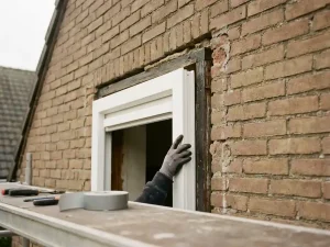 Wit PVC renovatiekozijn geplaatst over verweerd bakstenen gevelvlak van een Nederlands huis, met nauwkeurige pasvorm tegen oud metselwerk.