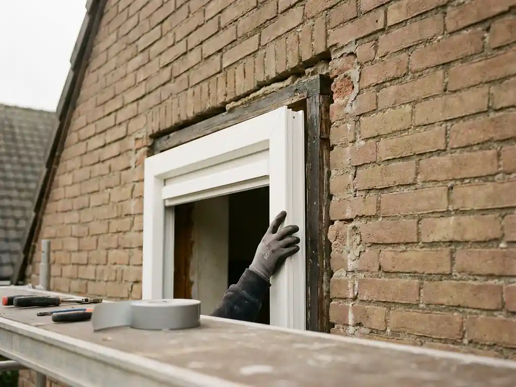 Wit PVC renovatiekozijn geplaatst over verweerd bakstenen gevelvlak van een Nederlands huis, met nauwkeurige pasvorm tegen oud metselwerk.