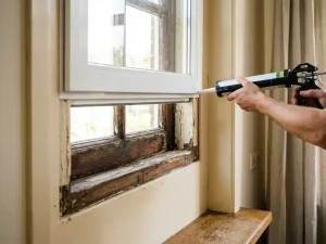 Wit uPVC renovatiekozijn dat over een verweerd houten kozijn met afbladderende verf wordt geplaatst, interieur Nederlandse woning.
