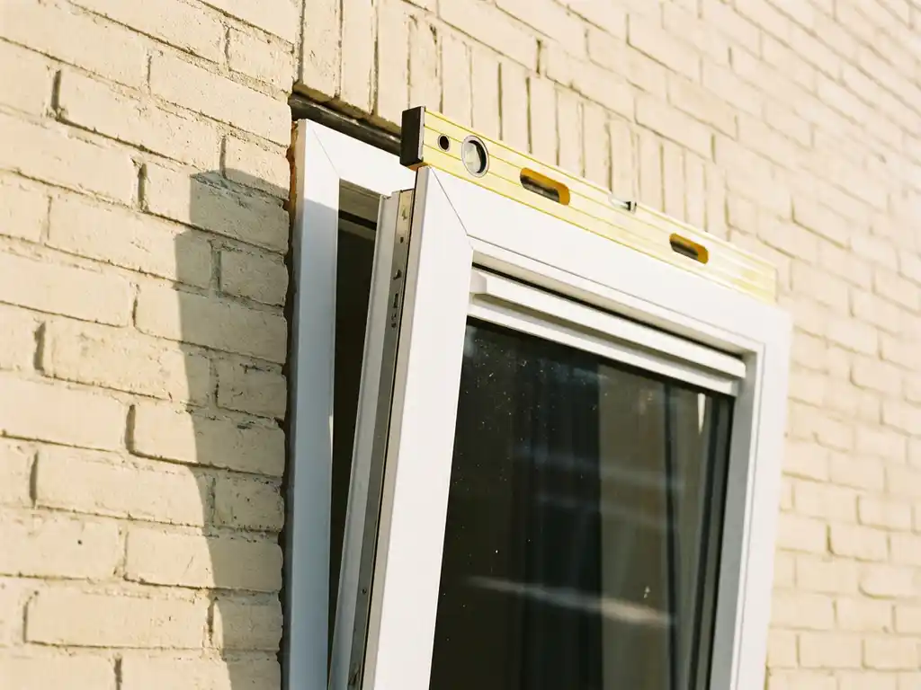 Scheve witte kunststof kozijn in bakstenen muur met waterpas die de uitlijningsfout aantoont, natuurlijk daglicht.